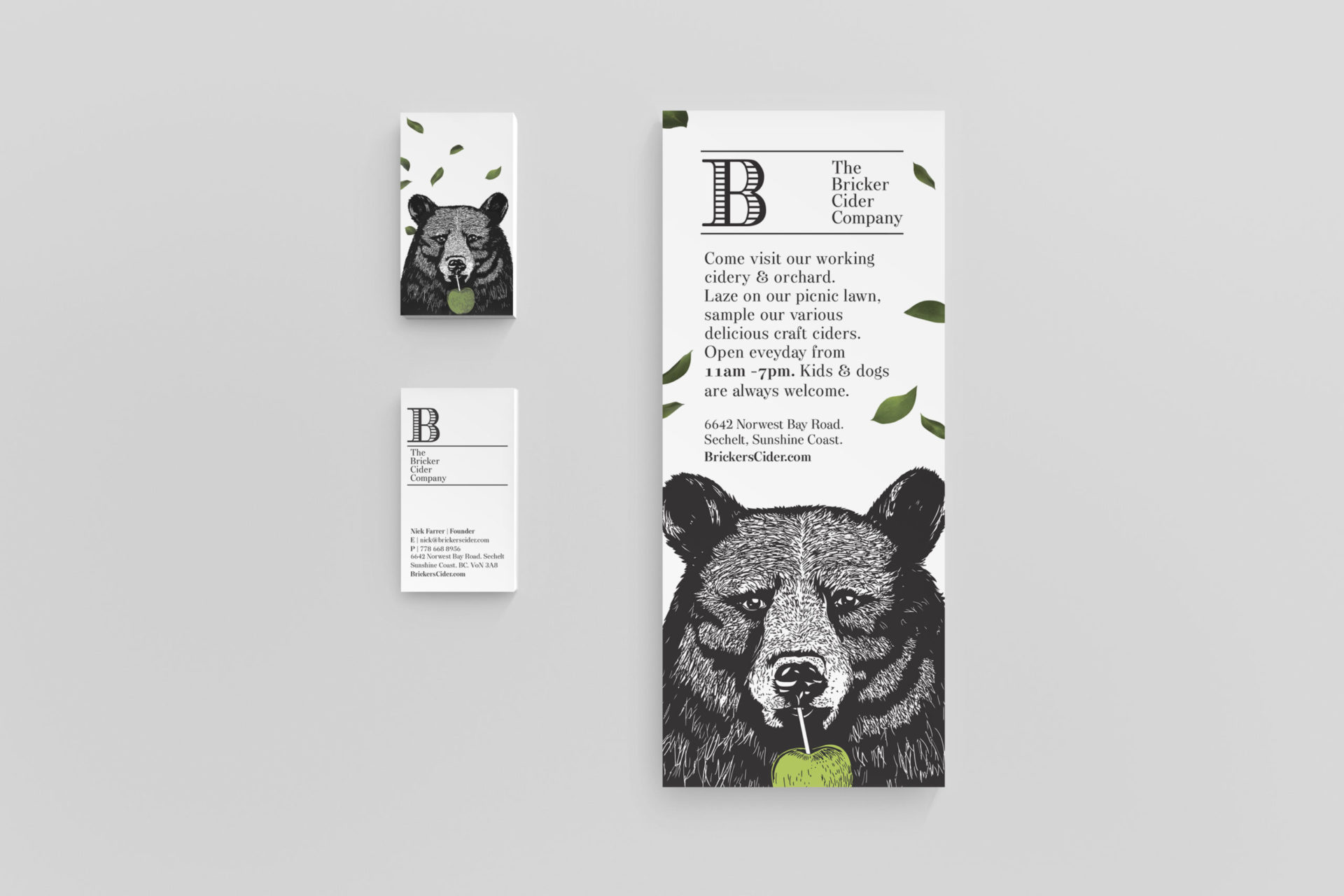 Brickers Cidery stationary package of business cards and rack card