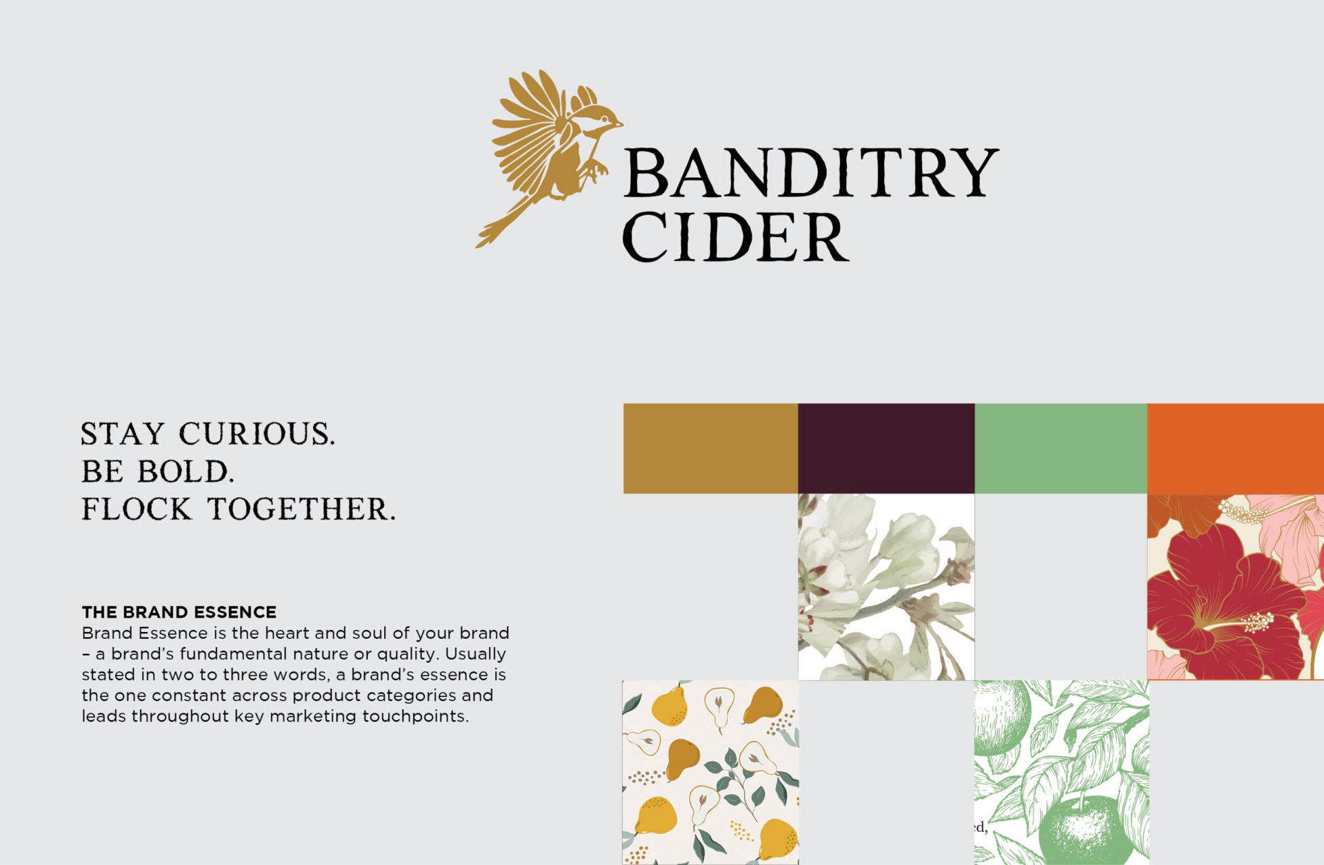 Banditry Cider Branding Guidelines page showing colour palette and tagline