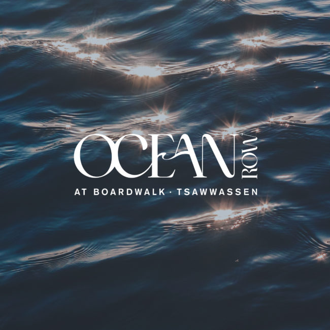 Ocean Row at Boardwalk Tsawwassen Logo on a photo of ocean