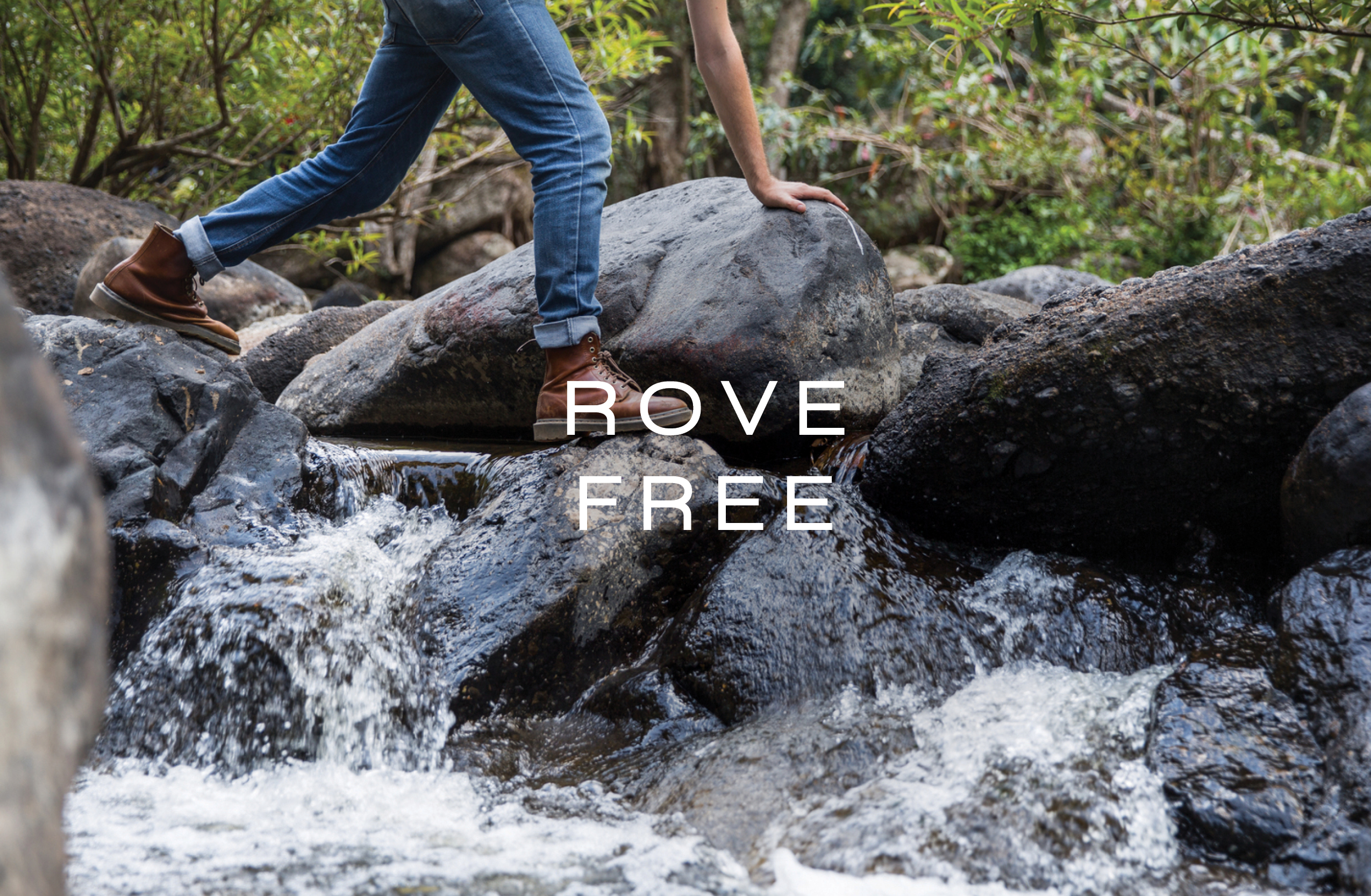 Rove Free; Person Walking Across a Stream