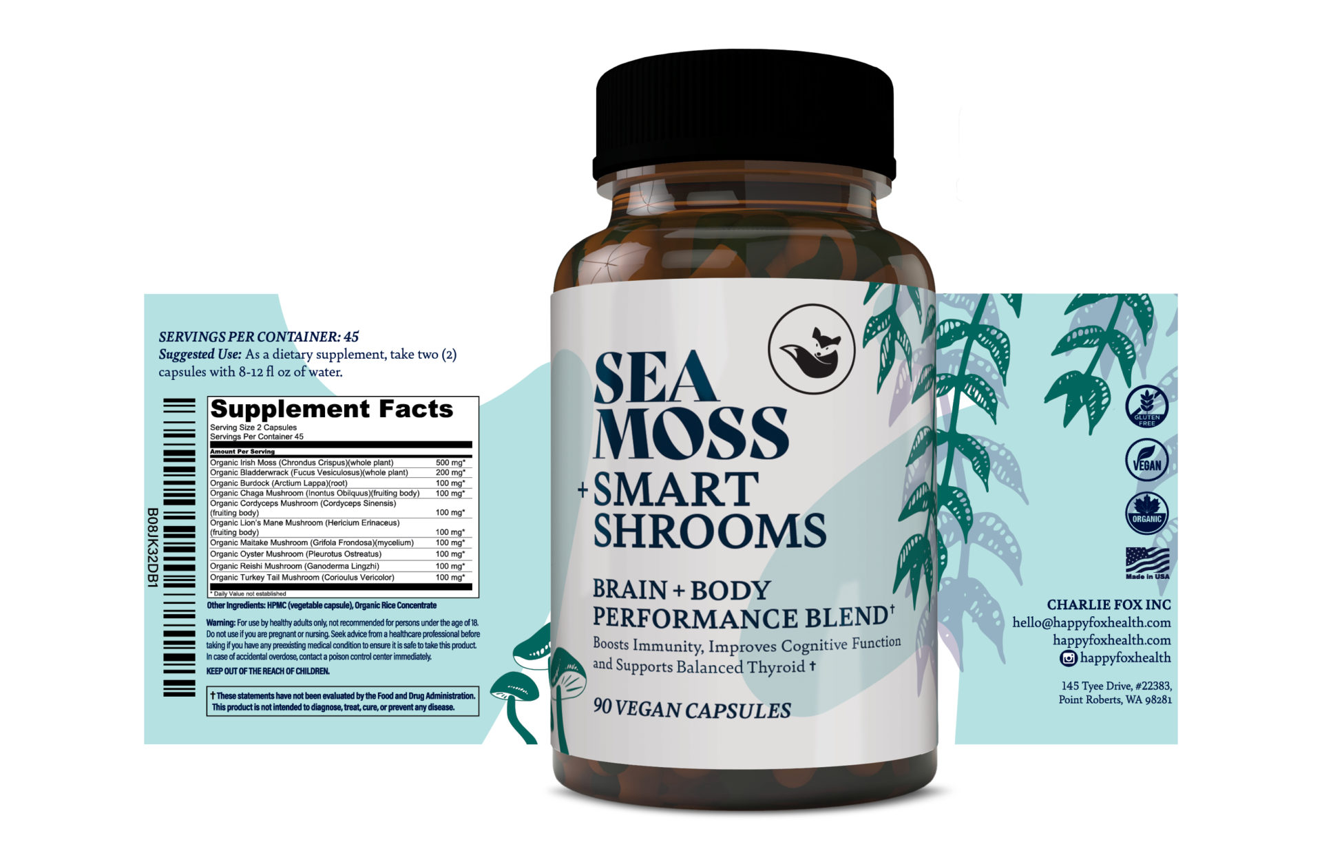 Custom packaging for happy fox sea moss capsule bottle