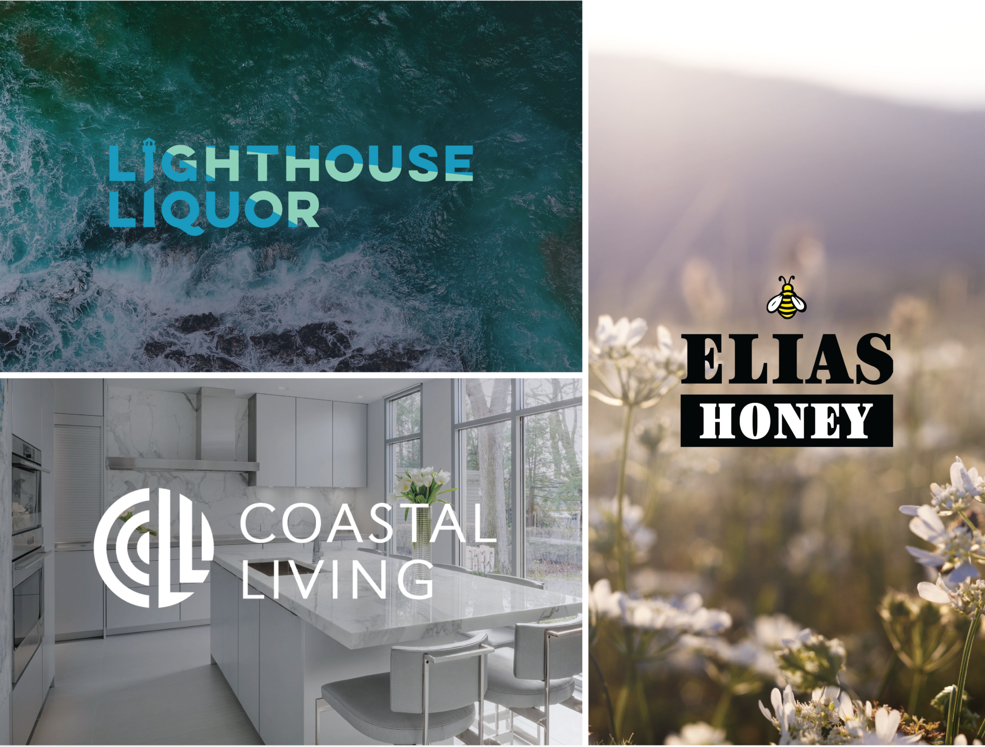 Charm and Gusto Logo design and branding services shown with lighthouse liquor logo, coastal living logo, and elias honey logo