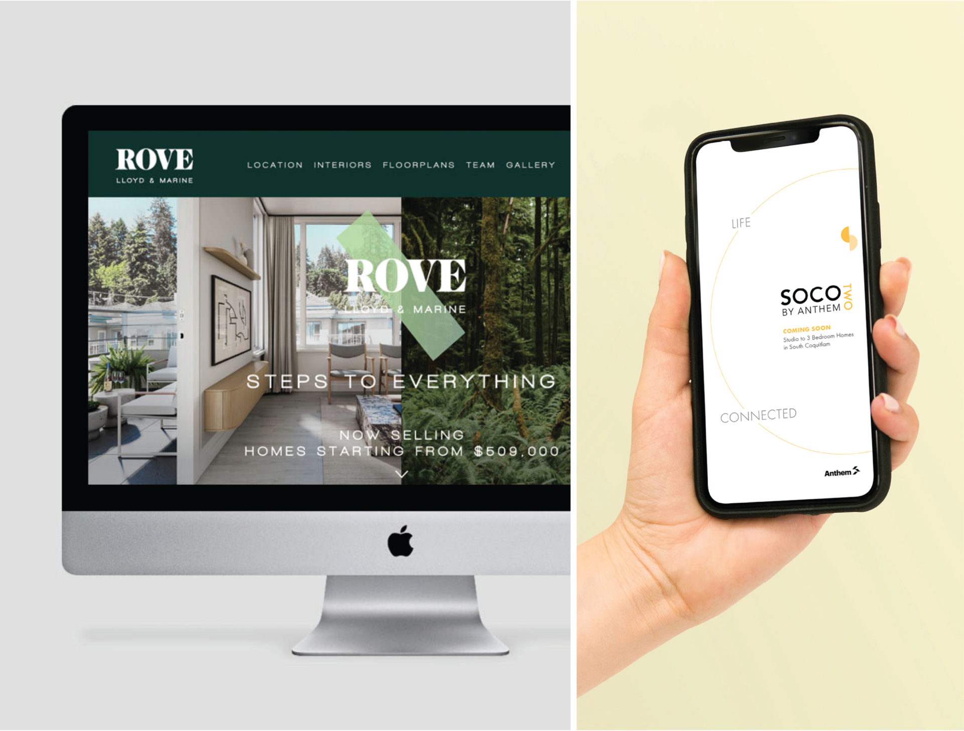 Charm and Gusto Custom Website and Digital Marketing Services with Rove North Vancouver website mockup and Soco by Anthem Iphone Ad Mockup